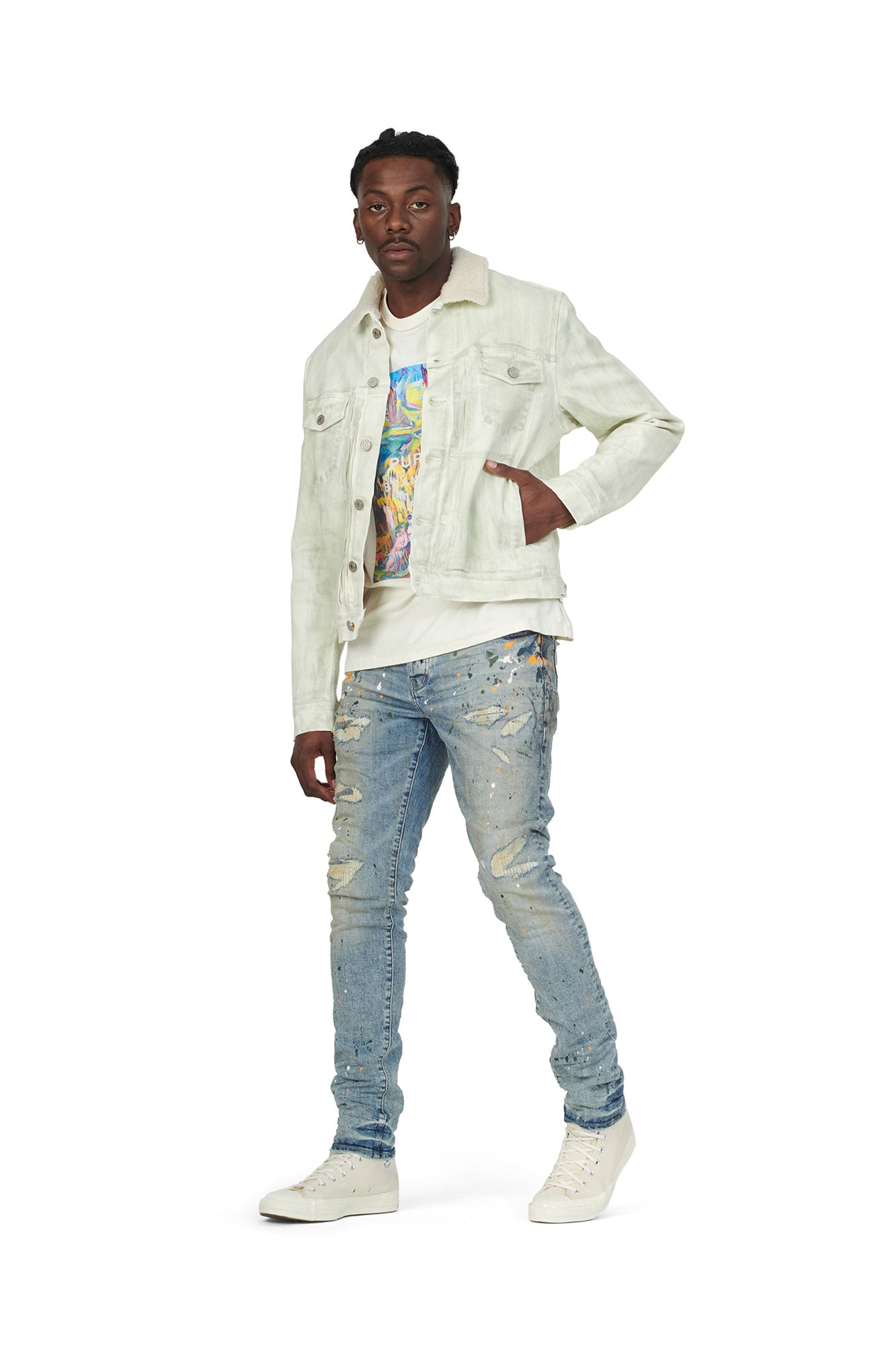 PURPLE BRAND - Men's Denim Jean Jacket - Style No. P007 - Sherpa Trucker Dirty White - Model Front Pose