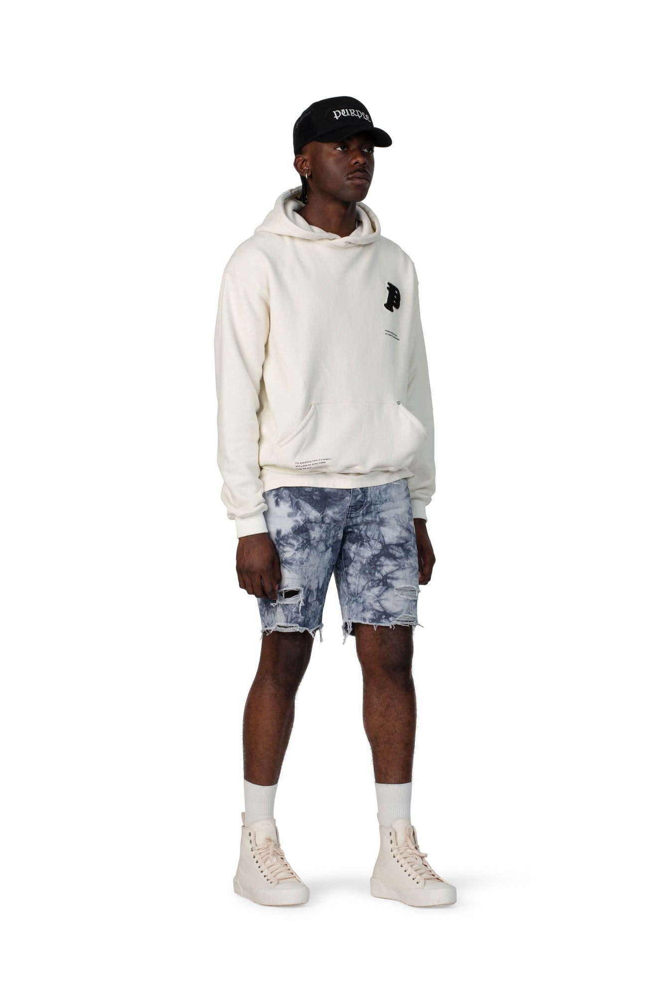 PURPLE BRAND - Men's Denim Jean Short - Mid Rise Short - Style No. P020 - BLUE GRANITE TIEDYE - Model Side Pose