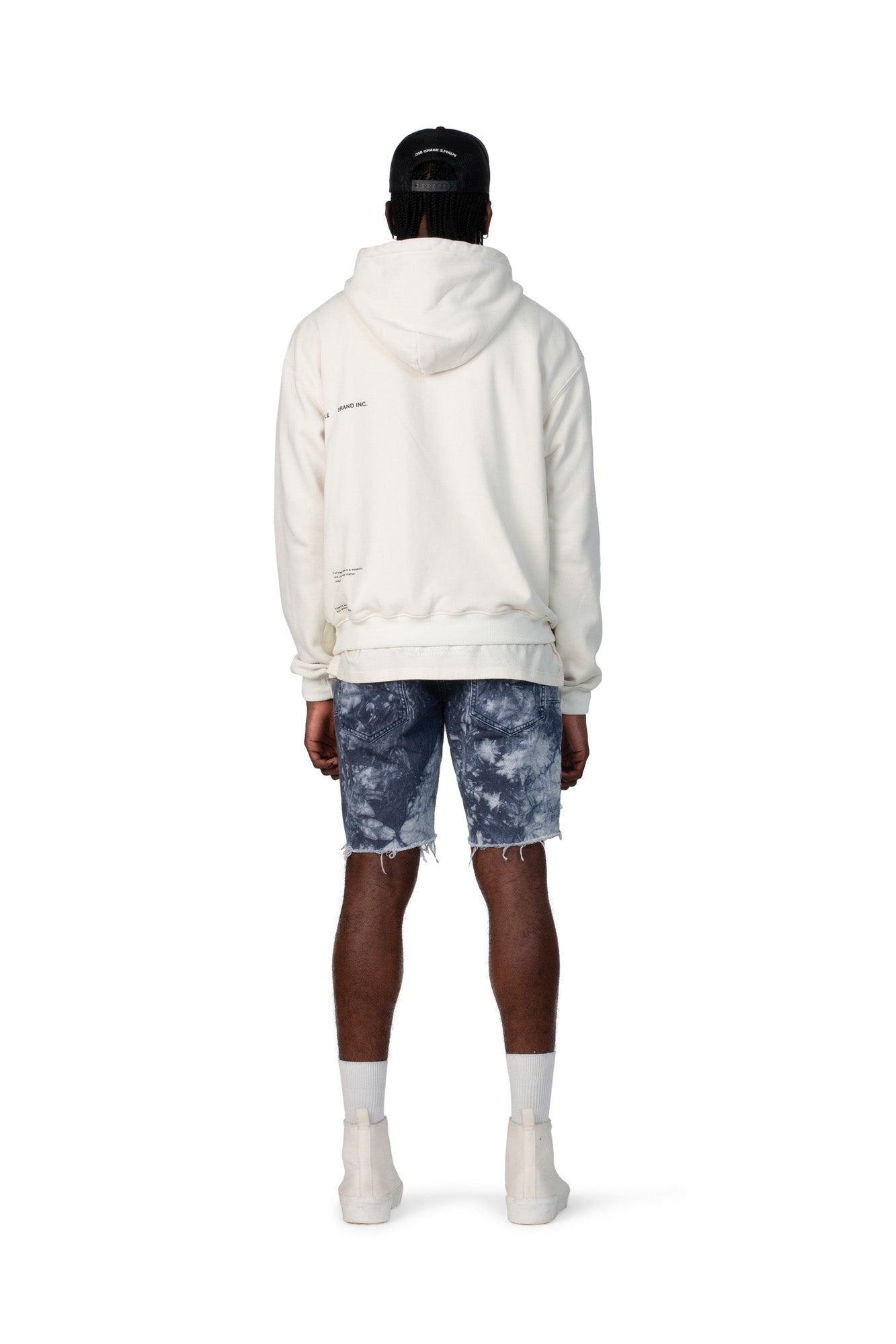 PURPLE BRAND - Men's Denim Jean Short - Mid Rise Short - Style No. P020 - BLUE GRANITE TIEDYE - Model Back Pose
