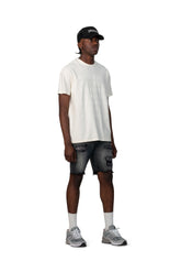 PURPLE BRAND - Men's Denim Jean Short - Mid Rise Short - Style No. P020 - Bandana Patch Work Black - Model Side Pose