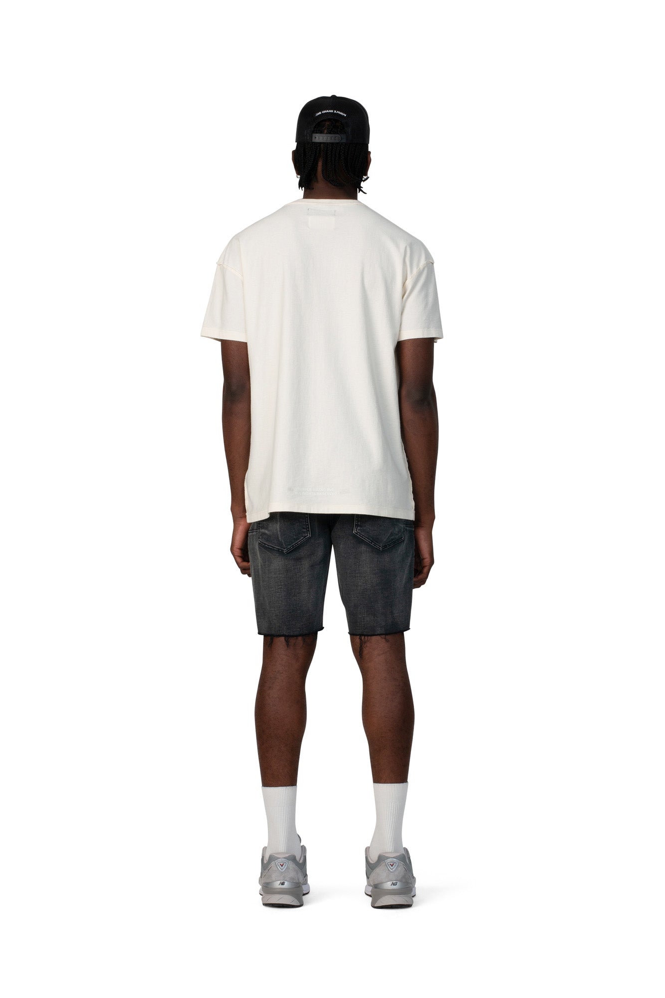 PURPLE BRAND - Men's Denim Jean Short - Mid Rise Short - Style No. P020 - Bandana Patch Work Black - Model Back Pose