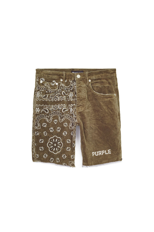 P020 MID RISE SHORT - Corduroy Bandana Print Shorts Olive