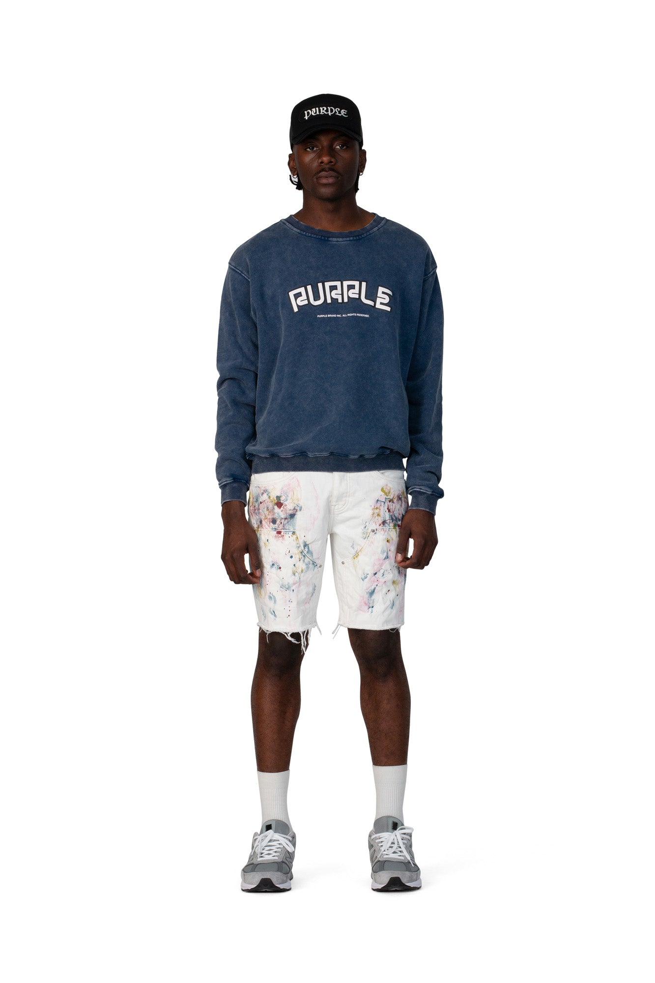 PURPLE BRAND - Men's Denim Jean Short - Mid Rise Short - Style No. P020 - Carpenter Shorts White - Model Front Pose