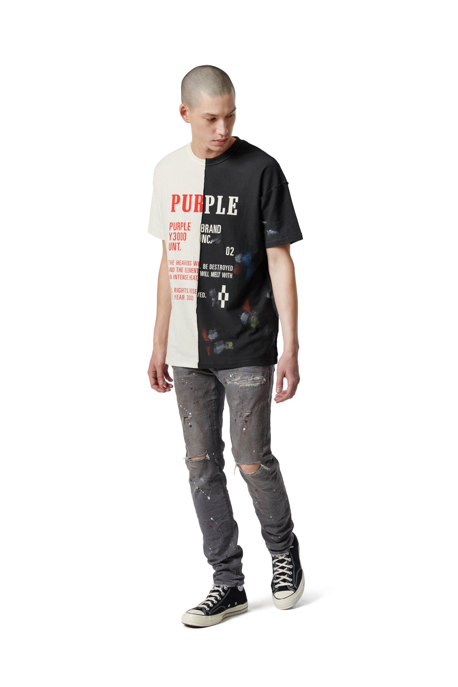 PURPLE BRAND - Men's Relaxed Fit T-Shirt - Style No. P101 - Right Ecru Intense Heat  - Model Styled Pose