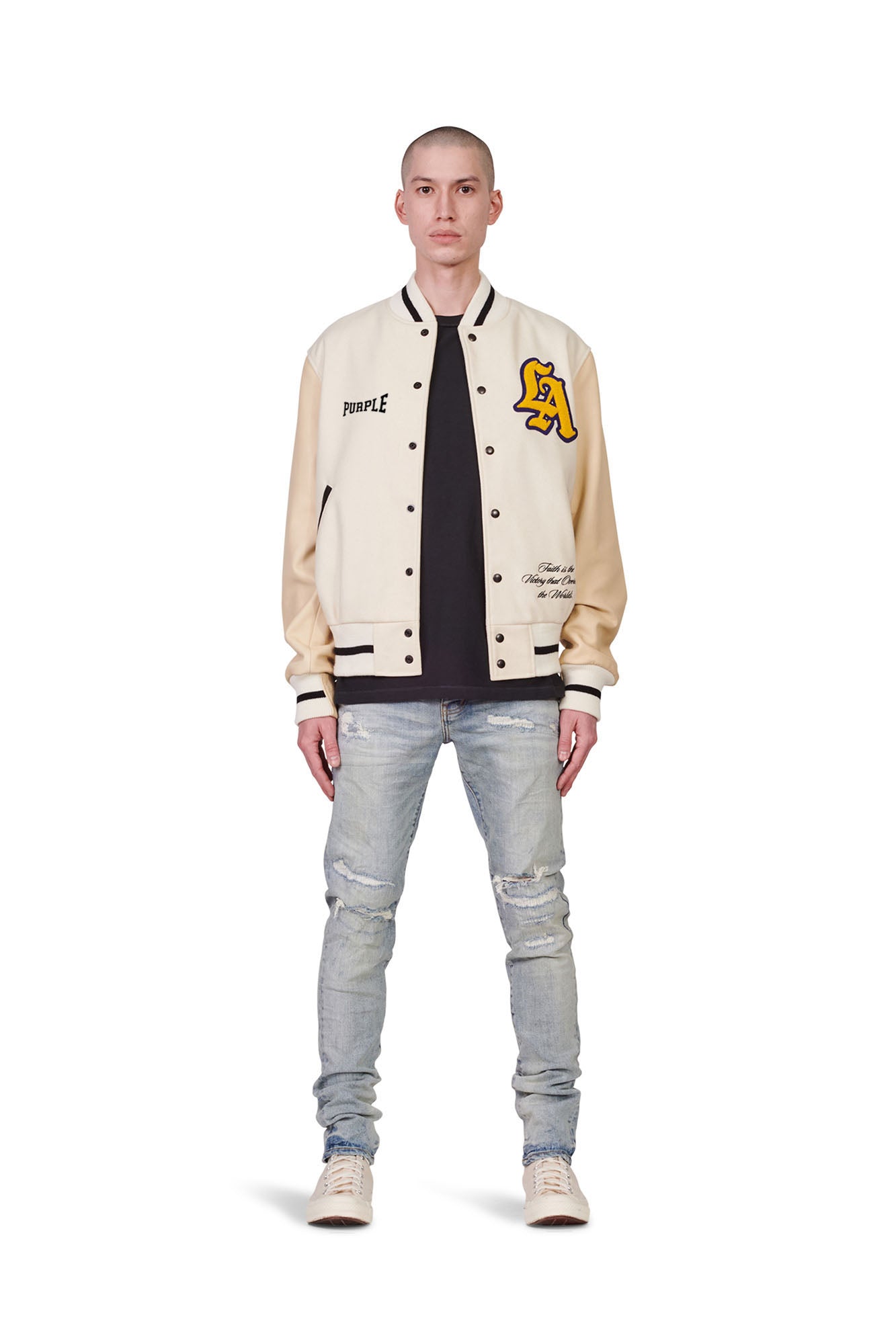 PURPLE BRAND - Men's Letterman Jacket - Style No. P320 - Golden Bear White and Gold - Model Front Pose