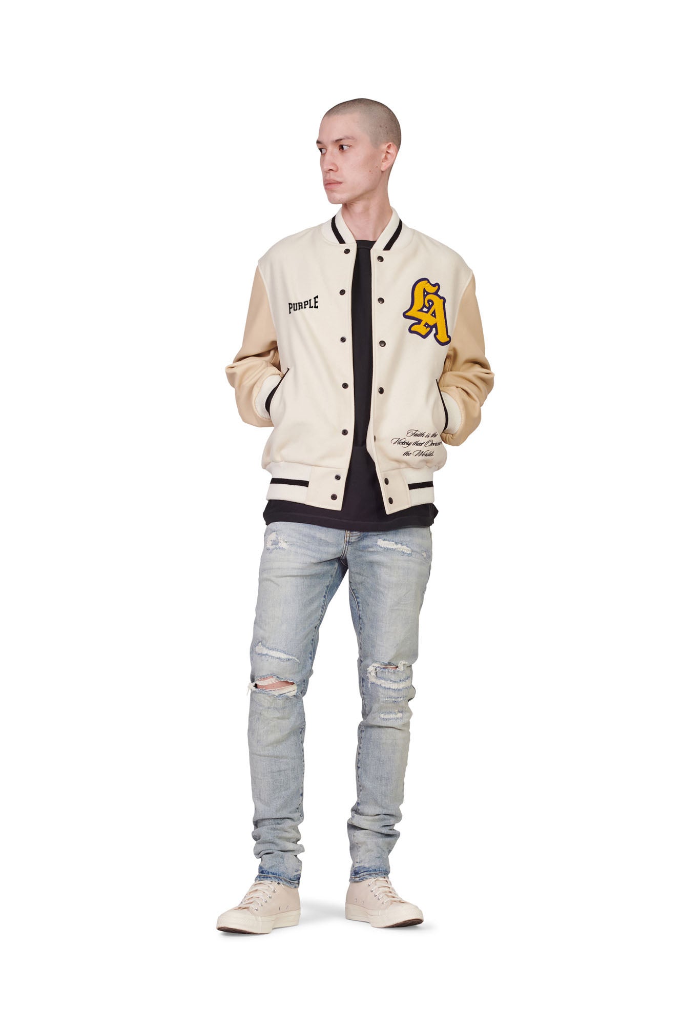 PURPLE BRAND - Men's Letterman Jacket - Style No. P320 - Golden Bear White and Gold - Model Styled Pose