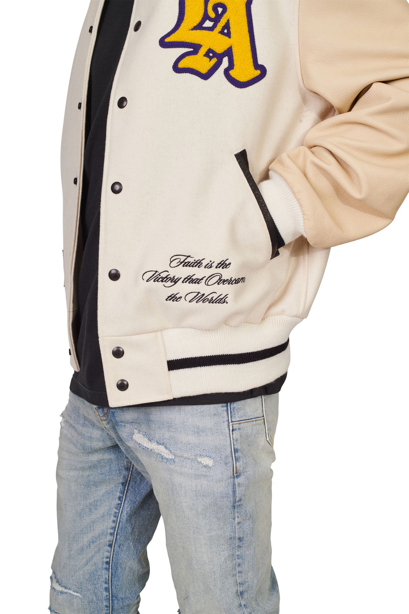 PURPLE BRAND - Men's Letterman Jacket - Style No. P320 - Golden Bear White and Gold -  Font Detail
