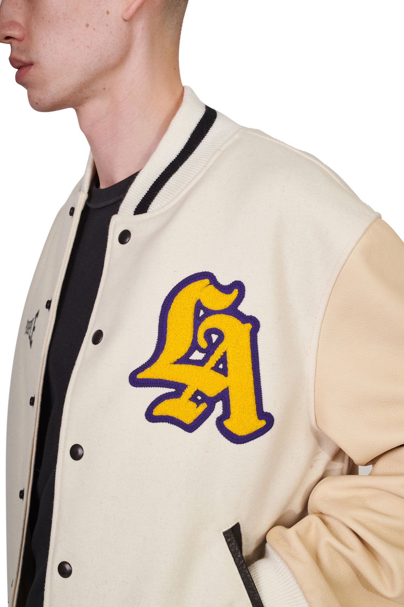 PURPLE BRAND - Men's Letterman Jacket - Style No. P320 - Golden Bear White and Gold - Front Detail Patch