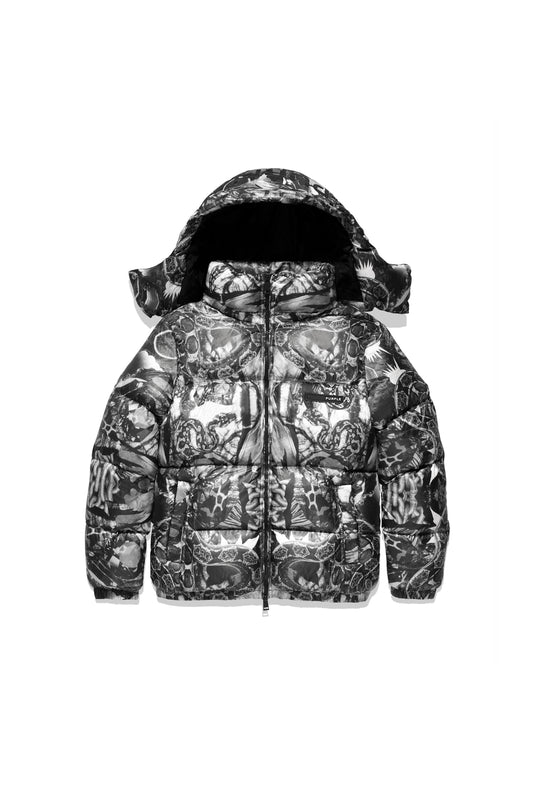 P611 POLY SNAP OFF HOOD PUFFER JACKET - Hisham BW Collage Print Jet Black Multi