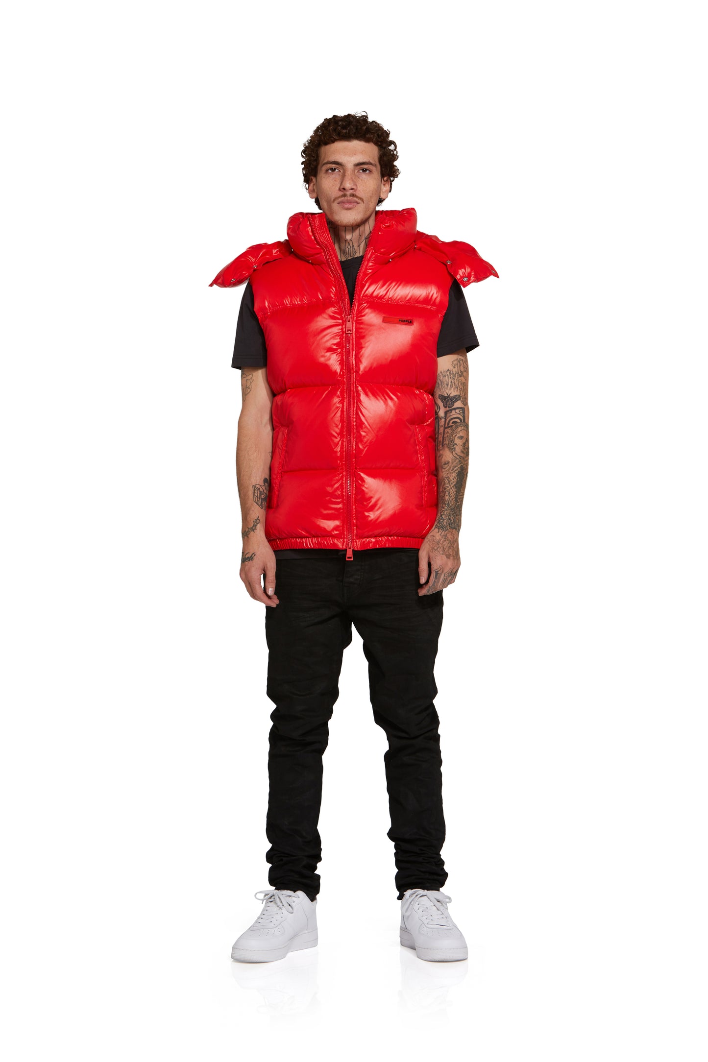 P623 NYLON SNAP OFF HOOD PUFFER VEST - High Risk Red