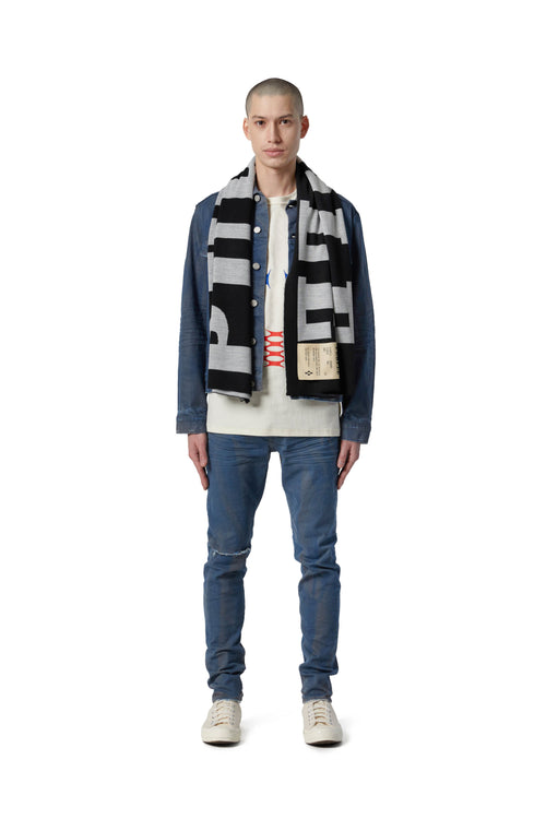 PURPLE BRAND - Scarf - Style No. P905 - Greyscale Oversized Logo - Model Front Pose