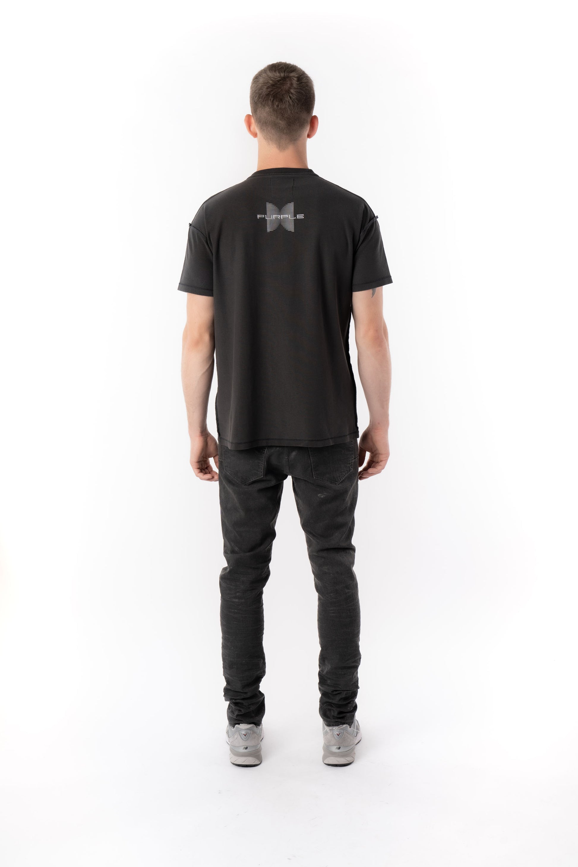 PURPLE BRAND - Men's Denim Jean - Low Rise Skinny - Style No. P001 - Grey Wax Coated - Model Back Pose