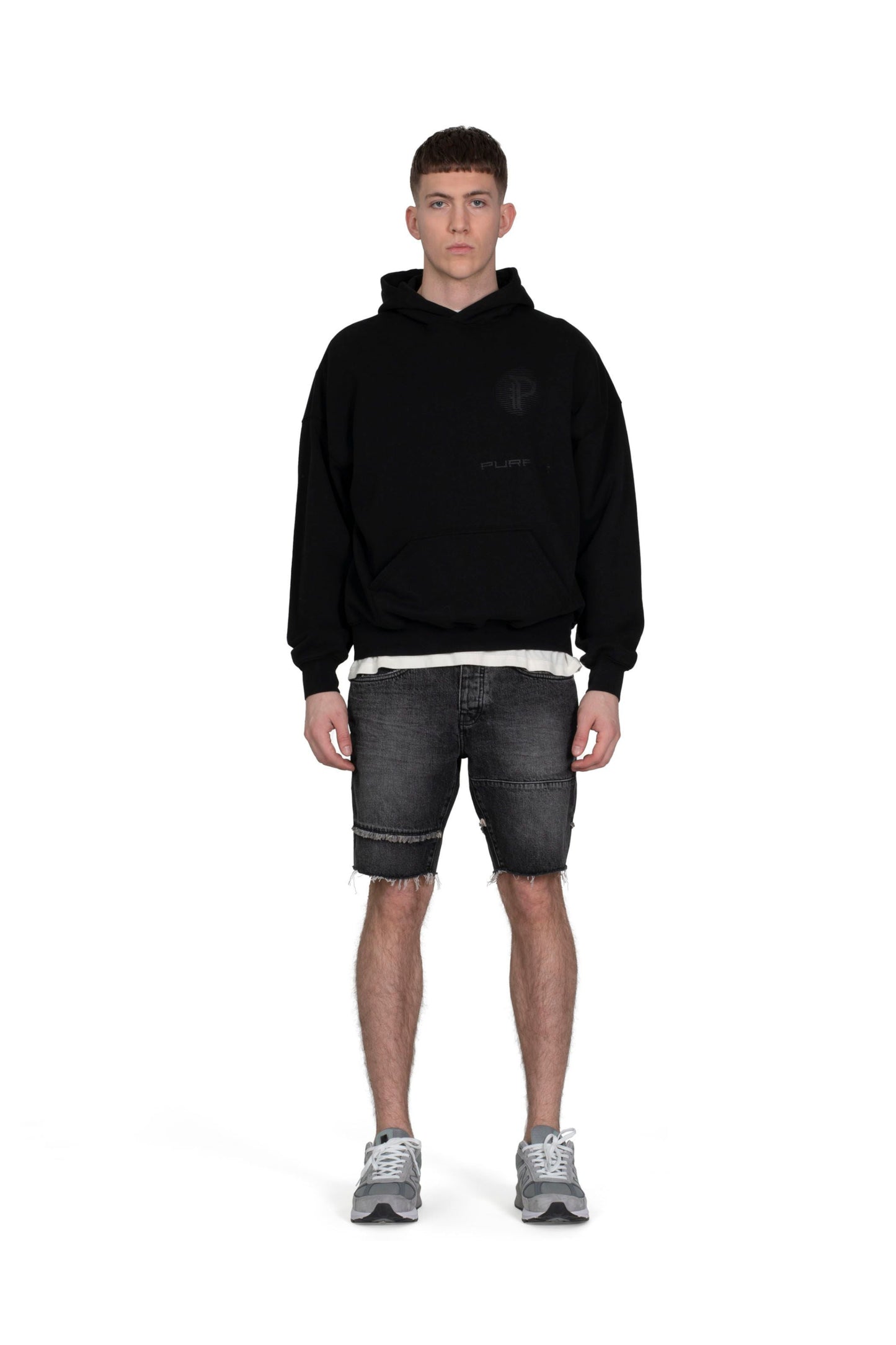 PURPLE BRAND - Men's Mid Rise Short - Style No. P020 - Black Vintage Patchwork - Model Front Pose