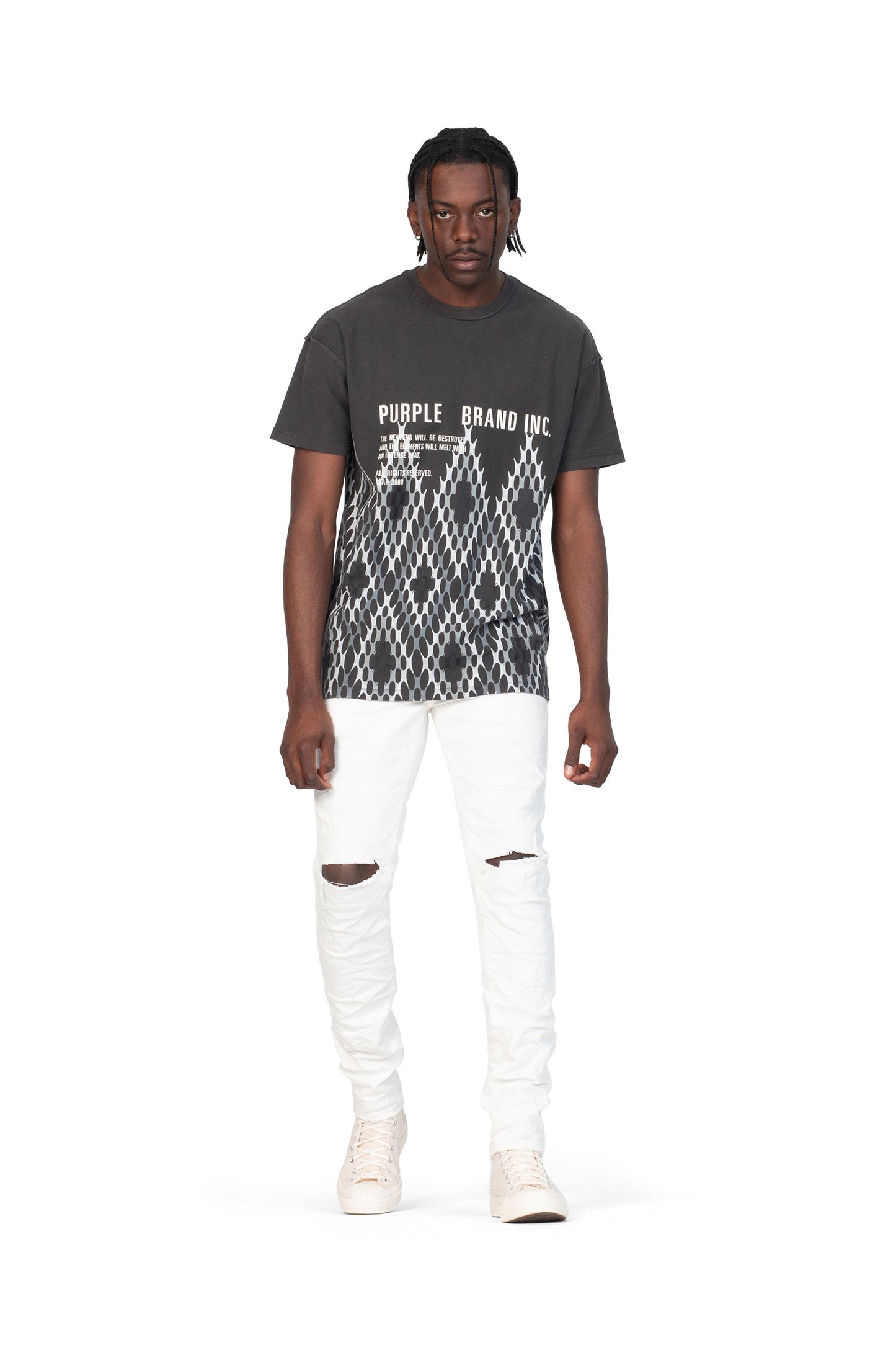 PURPLE BRAND - Men's Denim Jean - Low Rise Skinny - Style No. P001 - Optic White Knee Slit - Model Styled Pose