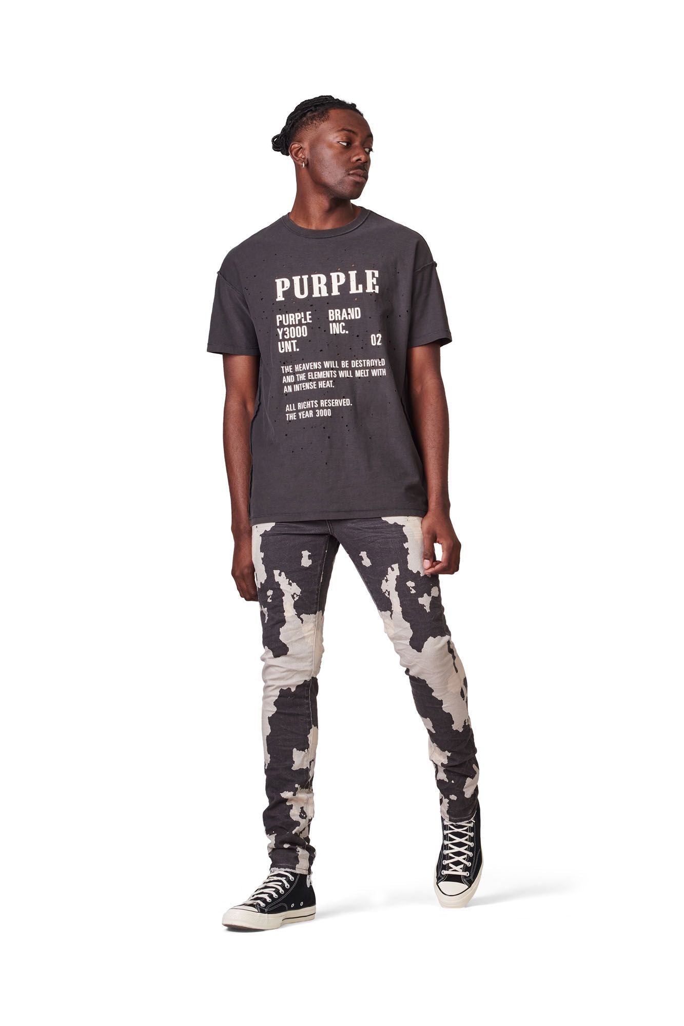 PURPLE BRAND - Men's Denim Jean - Low Rise Skinny - Style No. P001 - Printed Denim Rorschach - Model Styled Pose