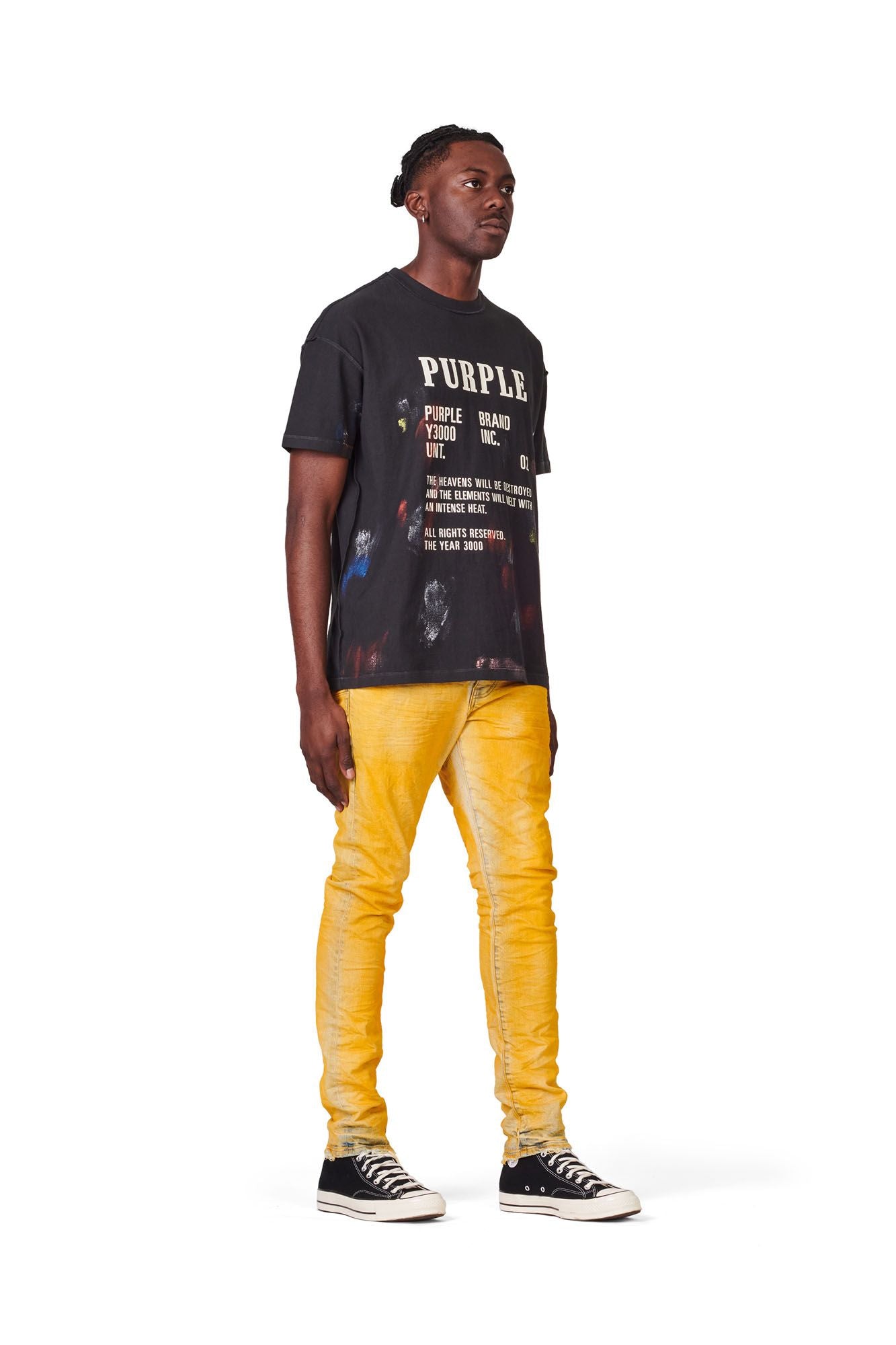 PURPLE BRAND - Men's Denim Jean - Low Rise Skinny - Style No. P001 - Yellow Over Light Indigo - Model Side Pose