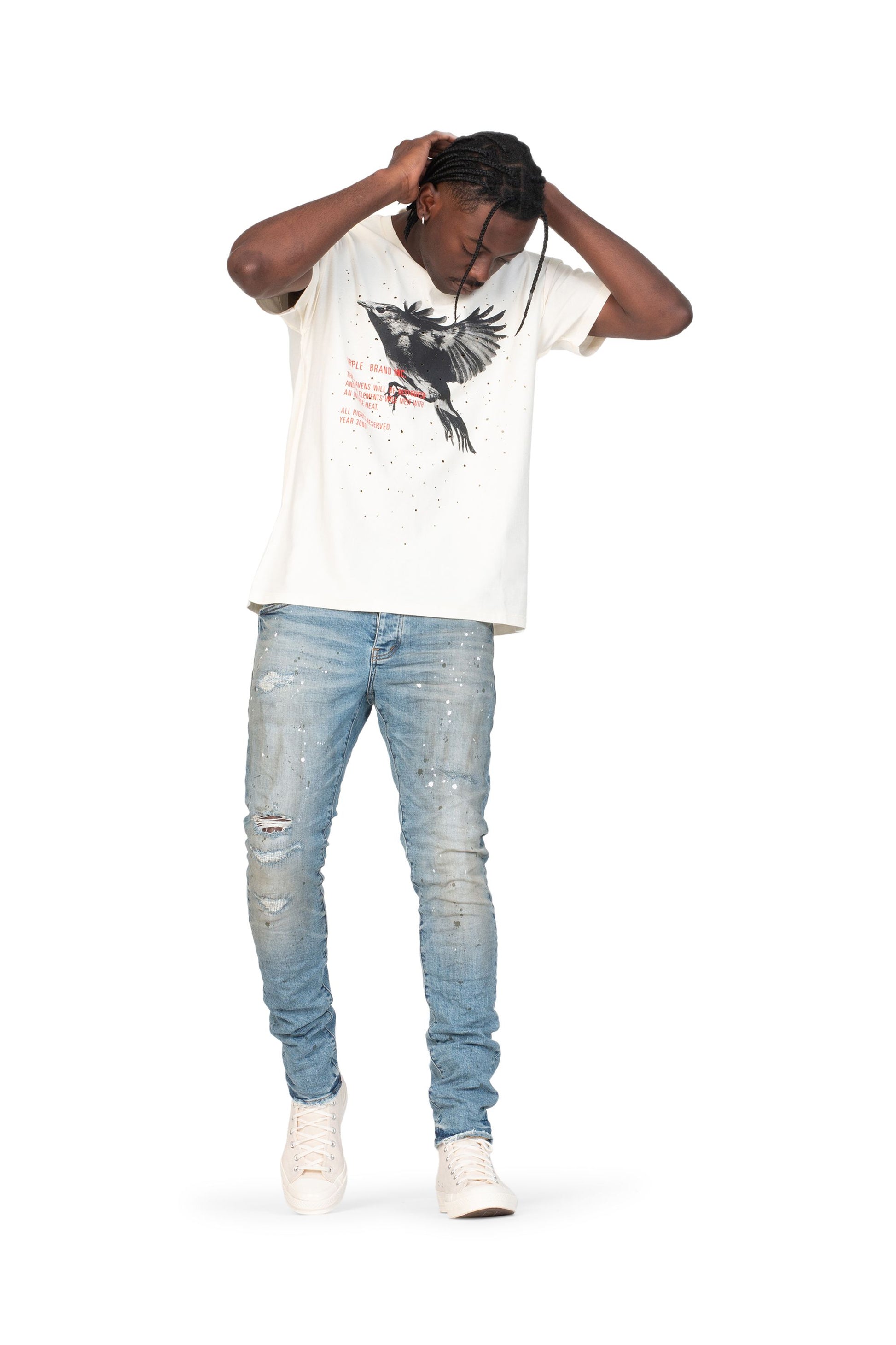 PURPLE BRAND - Men's Relaxed Fit T-Shirt - Style No. P101 - Robin Ecru - Model Styled Pose
