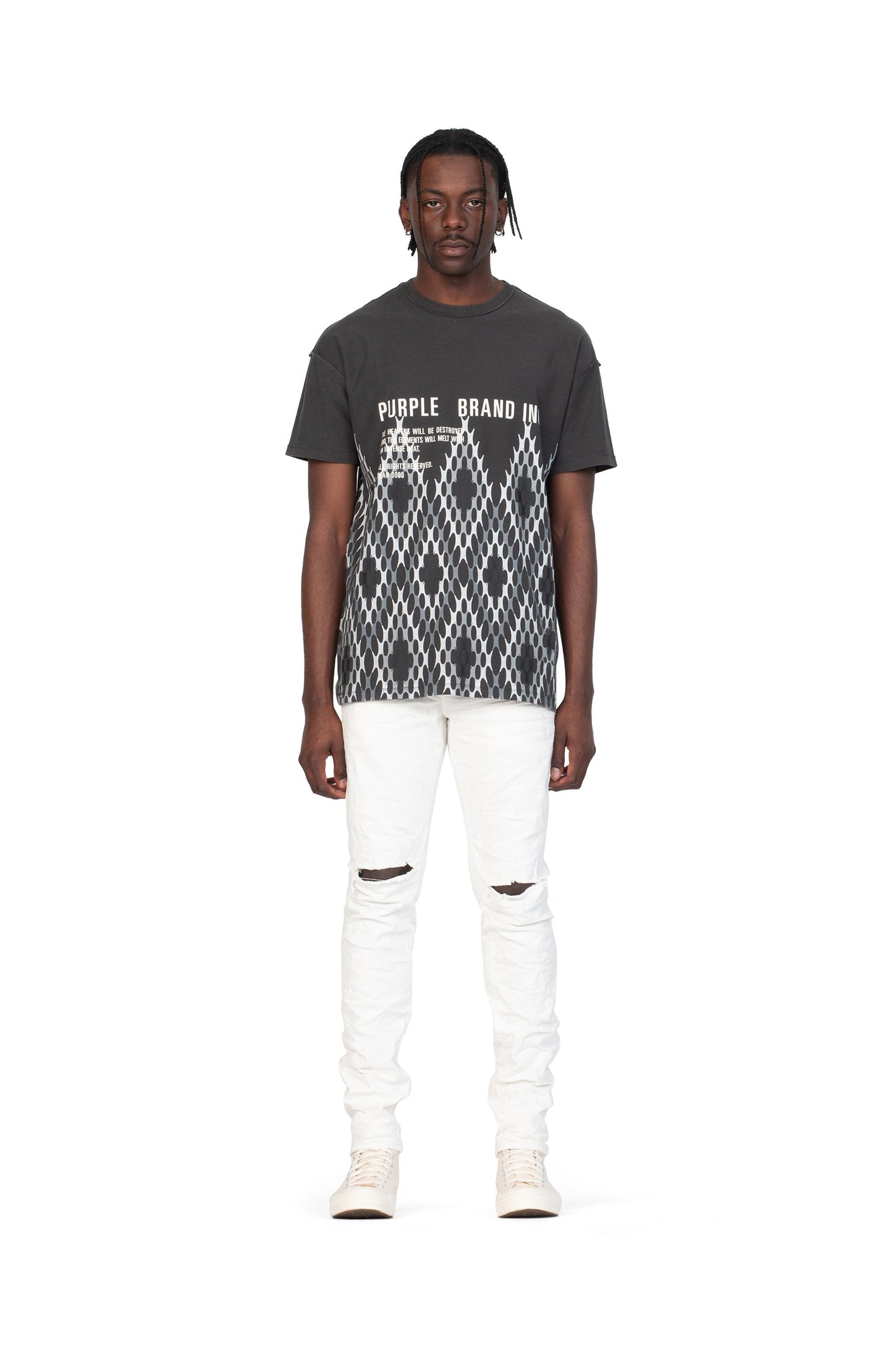 PURPLE BRAND - Men's Denim Jean - Low Rise Skinny - Style No. P001 - Optic White Knee Slit - Model Front Pose