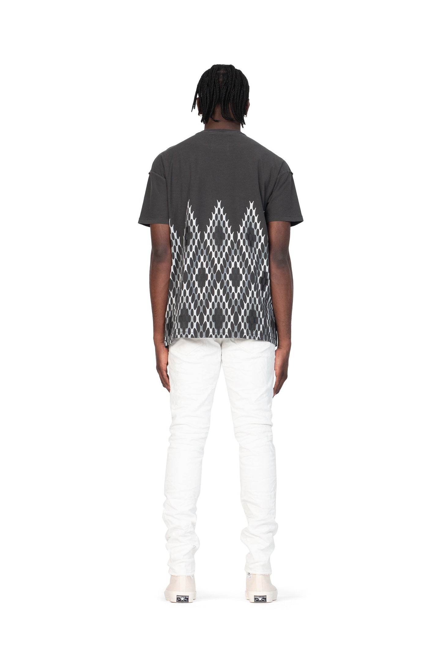 PURPLE BRAND - Men's Denim Jean - Low Rise Skinny - Style No. P001 - Optic White Knee Slit - Model Back Pose