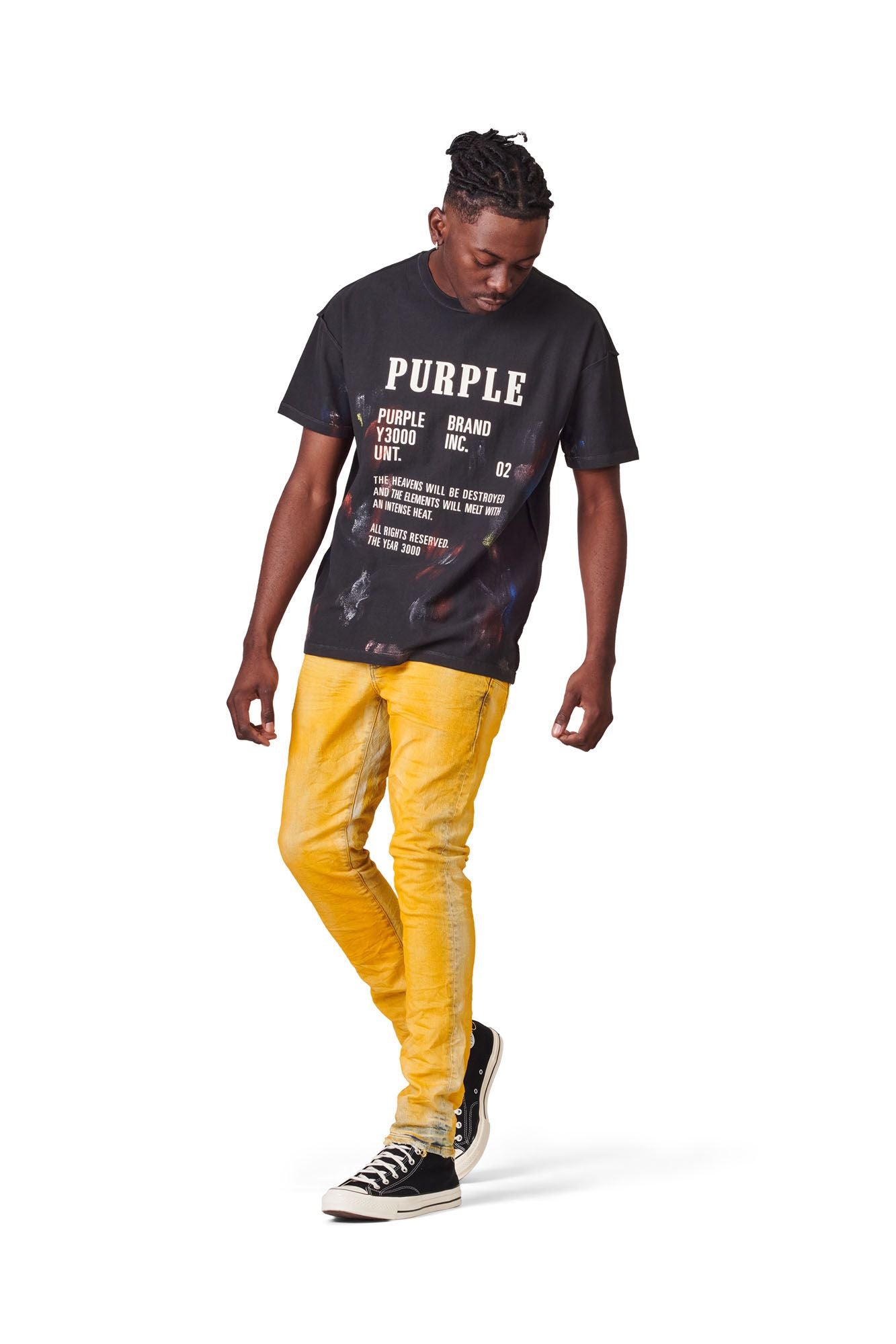 PURPLE BRAND - Men's Denim Jean - Low Rise Skinny - Style No. P001 - Yellow Over Light Indigo - Model Styled Pose
