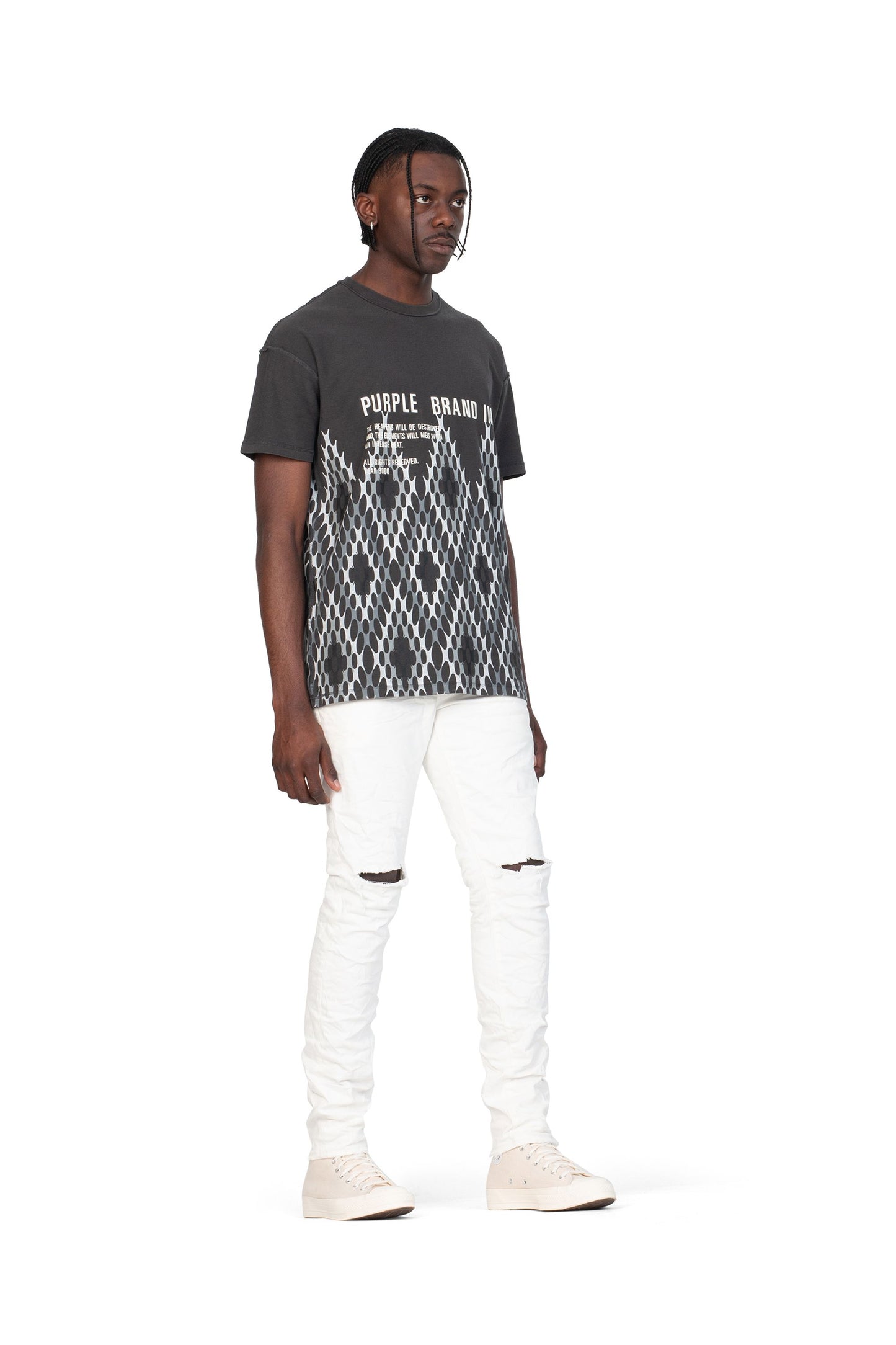 PURPLE BRAND - Men's Denim Jean - Low Rise Skinny - Style No. P001 - Optic White Knee Slit - Model Side Pose