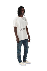 PURPLE BRAND - Men's Denim Jean - Low Rise Skinny - Style No. P001 - French Blue Indigo Dirty Resin - Model Side Pose