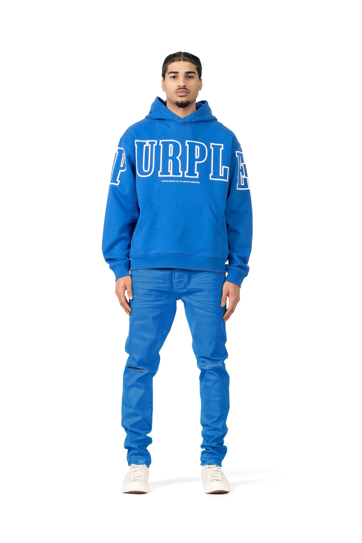 PURPLE BRAND - Men's Hoodie Sweatshirt - Style No. P404 - French Terry Blue - Model Front Pose