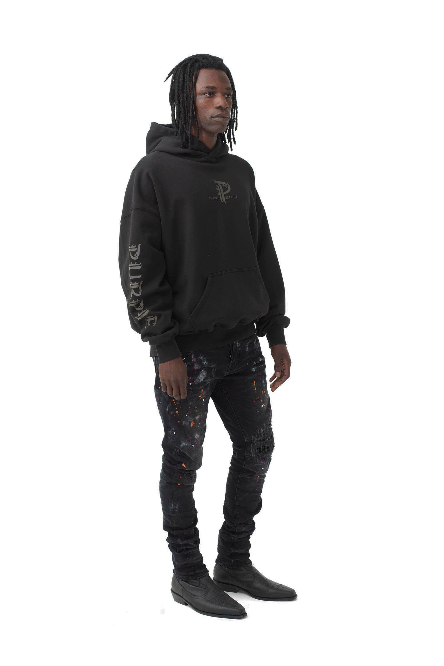 PURPLE BRAND - Relaxed Fit Oversized Hoodie Sweatshirt - Style No. P401 - Wings - Model Side Pose