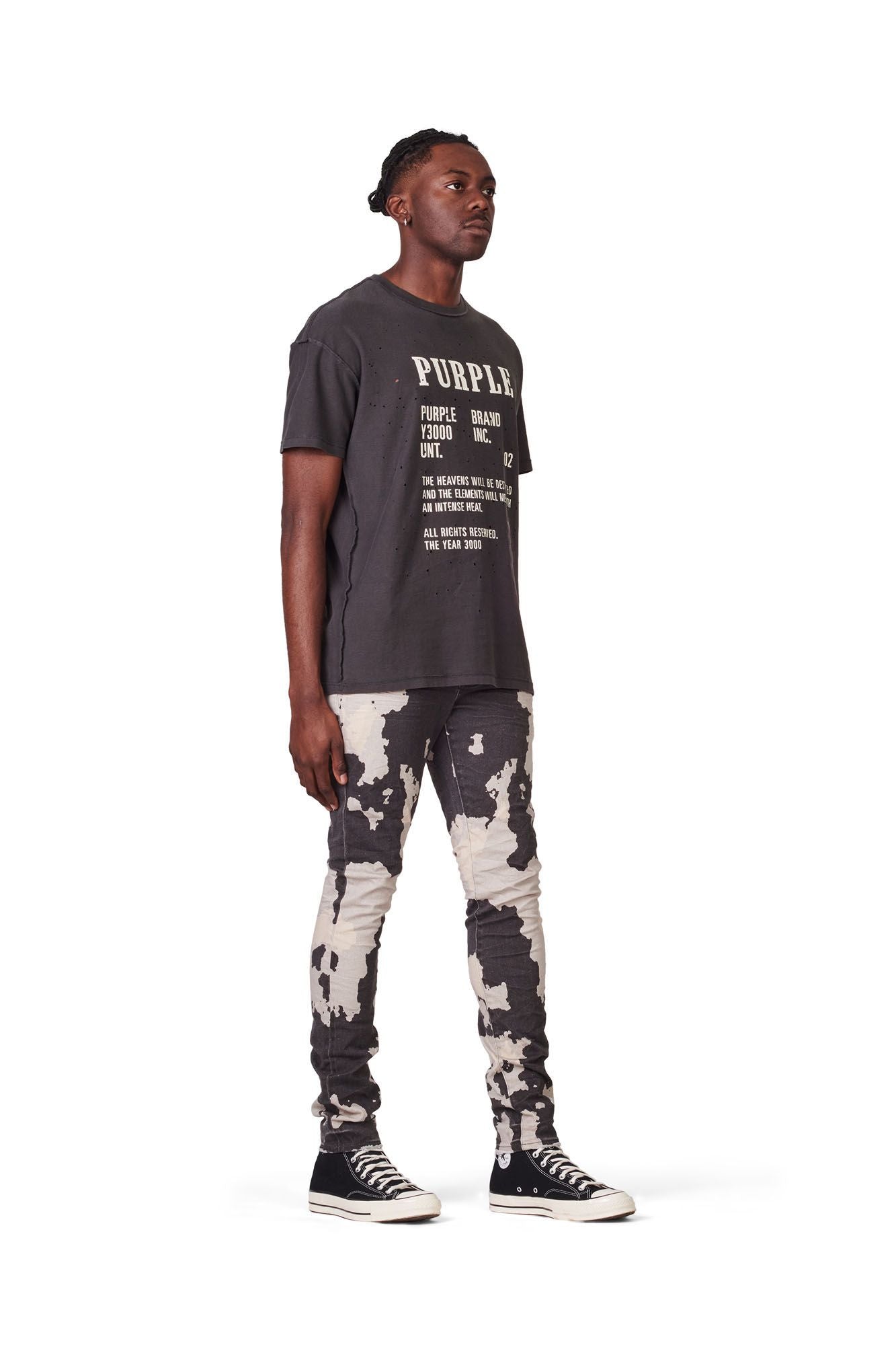 PURPLE BRAND - Men's Denim Jean - Low Rise Skinny - Style No. P001 - Printed Denim Rorschach - Model Side Pose