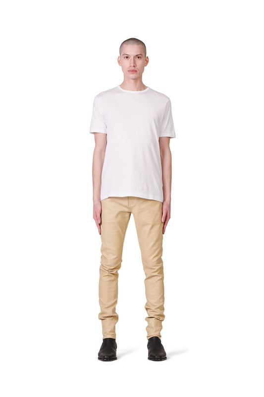 P001 Low Rise Skinny Jean in Leathered Ecru with reinforced belt loops and button fly.