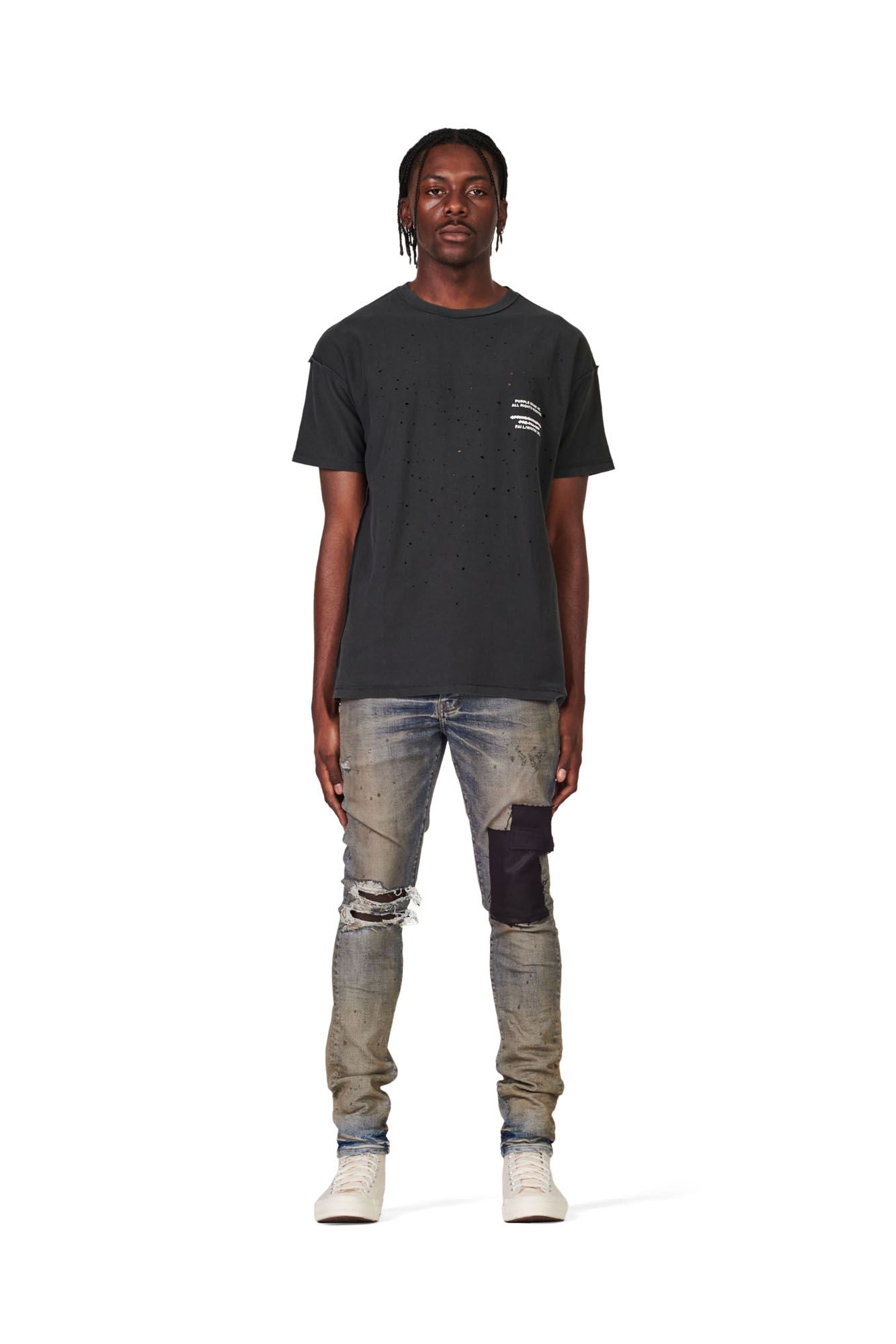 PURPLE BRAND - Men's Denim Jean - Low Rise Skinny - Style No. P001 - Exclusive Indigo Oil Patched - Model Front Pose