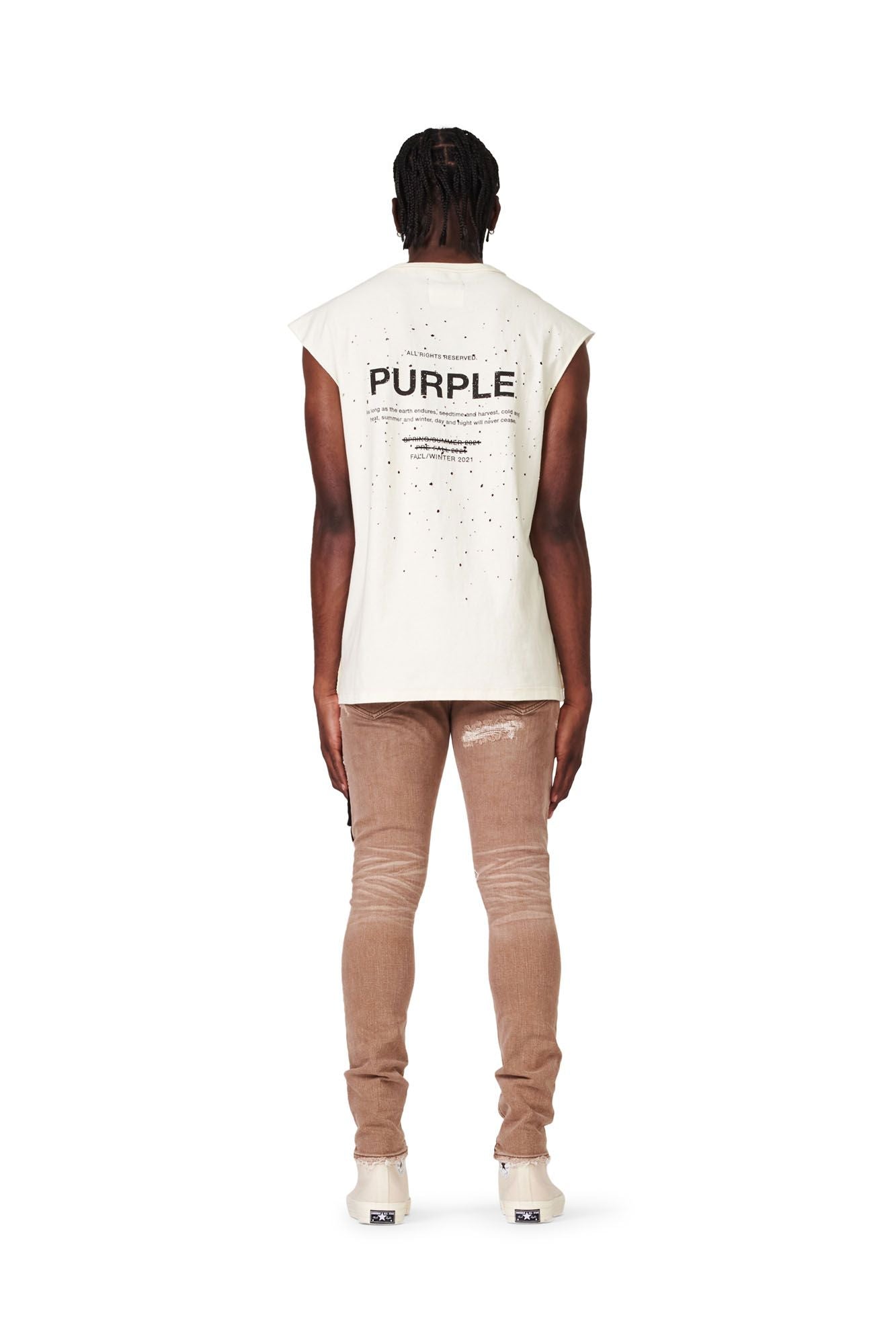PURPLE BRAND - Men's Relaxed Fit T-Shirt Cut-off - Style No. P103 - Exclusive Seasons Inside Out Buckshot Sleeveless Ecru - Model Back Pose