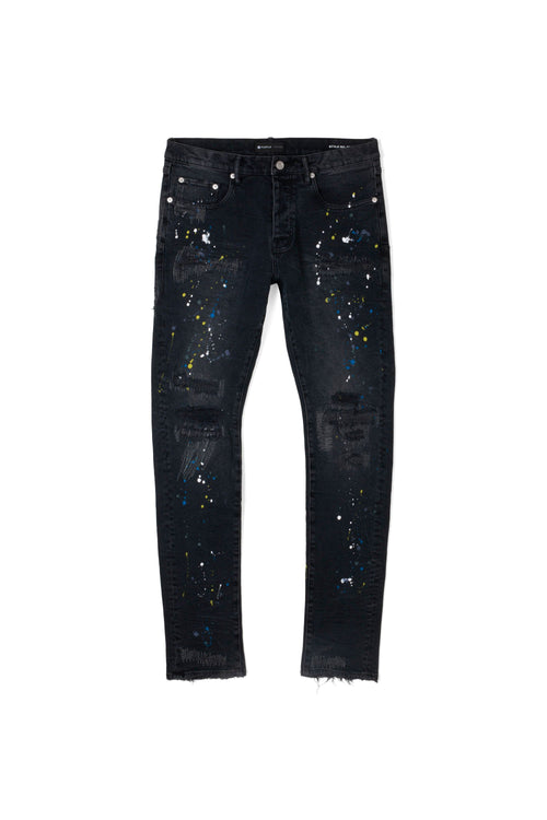 P001 LOW RISE SKINNY JEAN - Black Reflective Repair with Paint