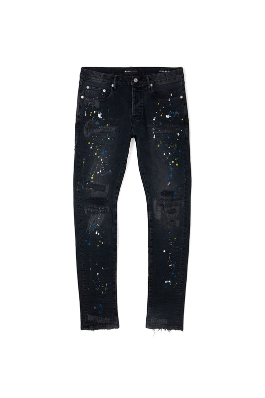P001 LOW RISE SKINNY JEAN - Black Reflective Repair with Paint