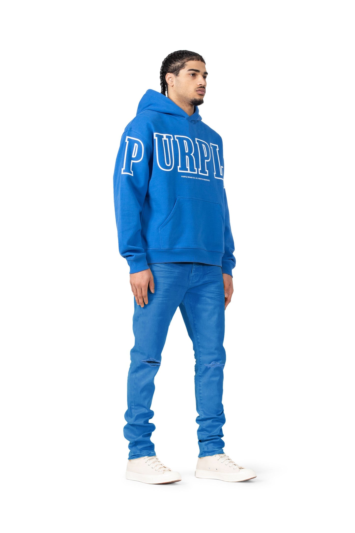 PURPLE BRAND - Men's Hoodie Sweatshirt - Style No. P404 - French Terry Blue - Model Side Pose