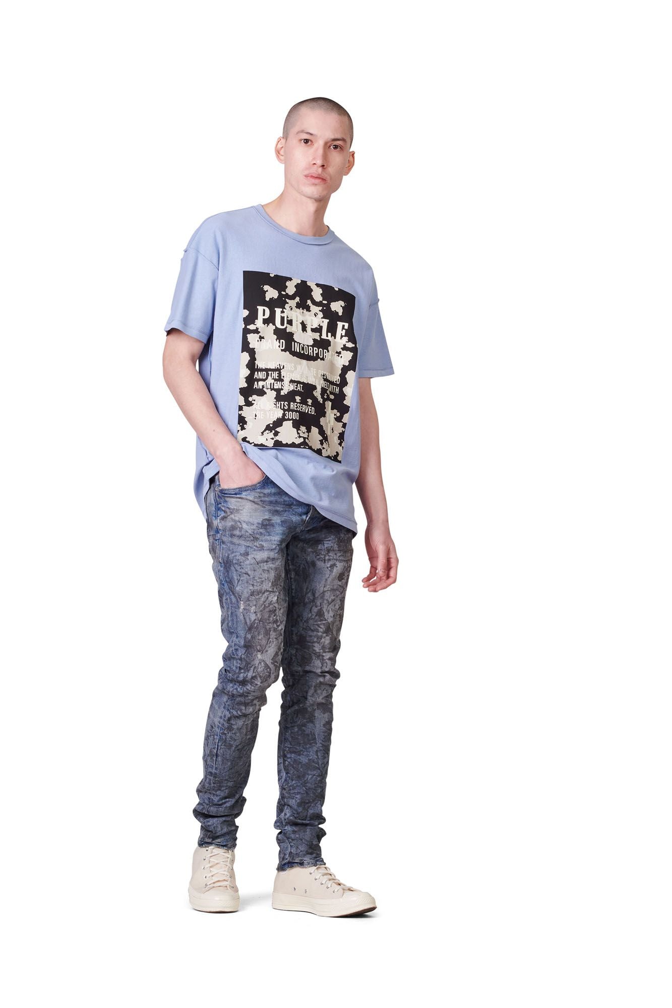 PURPLE BRAND - Men's Denim Jean - Low Rise Skinny - Style No. P001 - Indigo Mechanic Dirty - Model Styled Pose