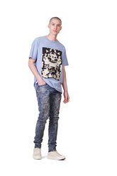 PURPLE BRAND - Men's Denim Jean - Low Rise Skinny - Style No. P001 - Indigo Mechanic Dirty - Model Styled Pose