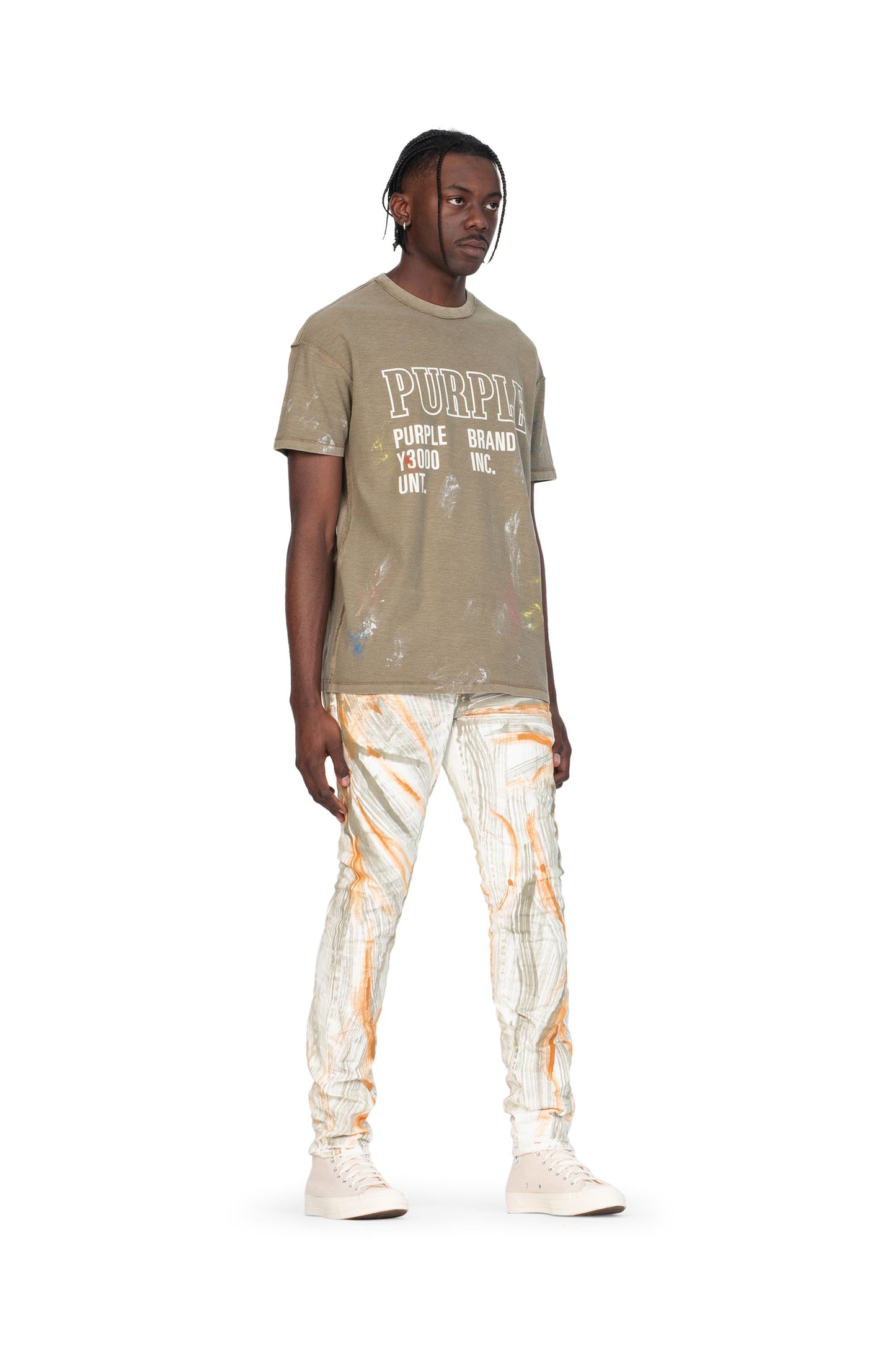 PURPLE BRAND - Men's Denim Jean - Low Rise Skinny - Style No. P001 - White Brush Stroke - Model Side Pose