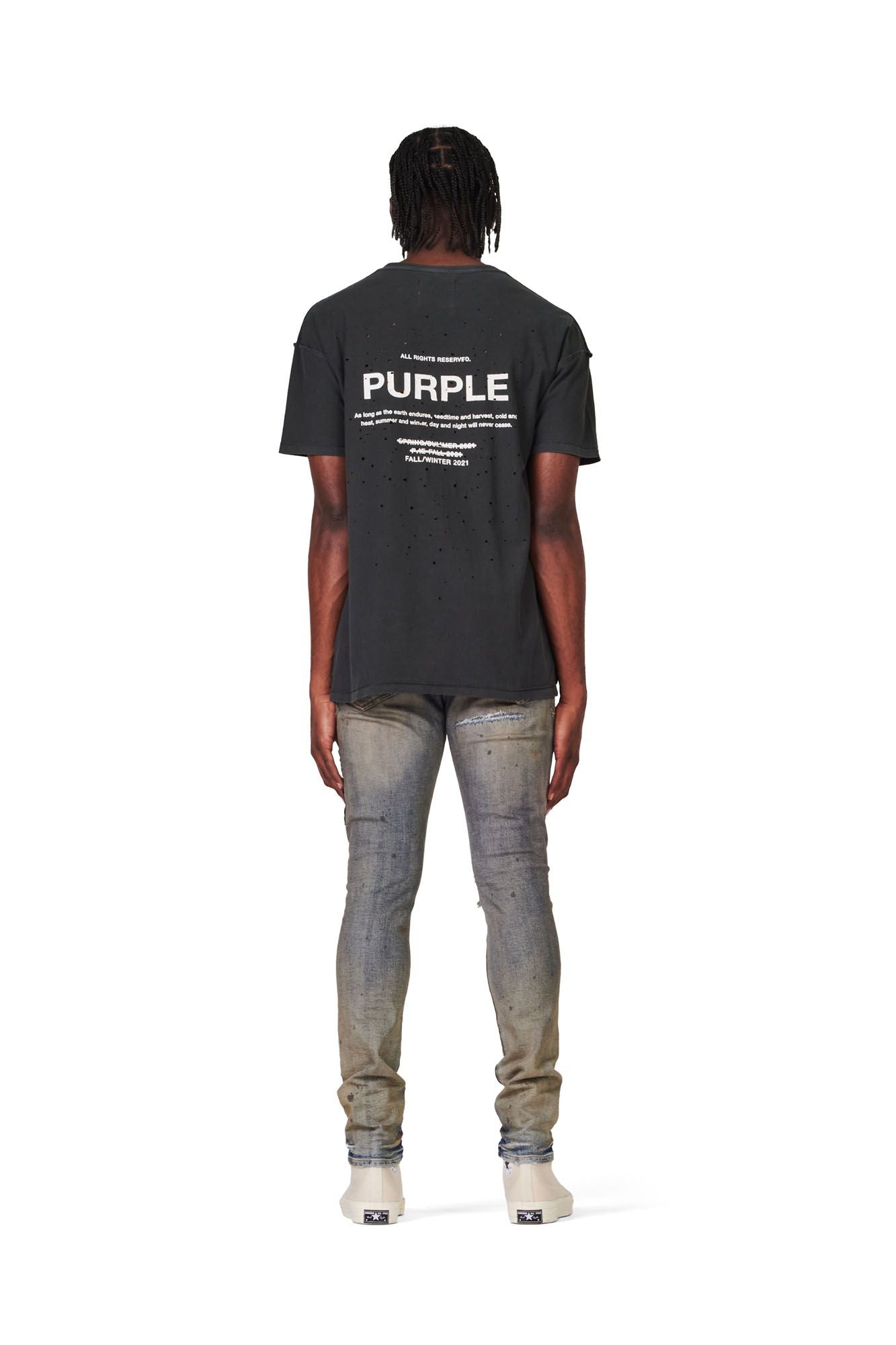 PURPLE BRAND - Men's Denim Jean - Low Rise Skinny - Style No. P001 - Exclusive Indigo Oil Patched - Model Back Pose