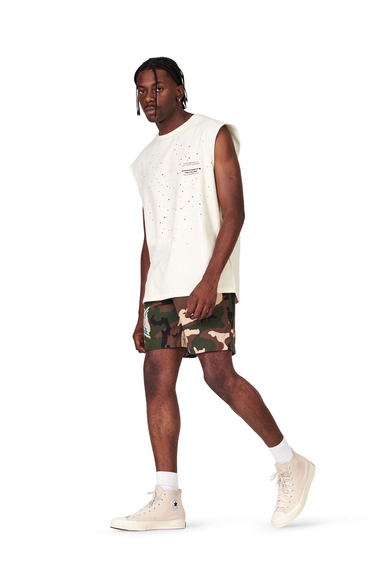 PURPLE BRAND - Men's Short - Style No. P025 - Exclusive Camo Short With Blue Star Print - Model Styled Pose