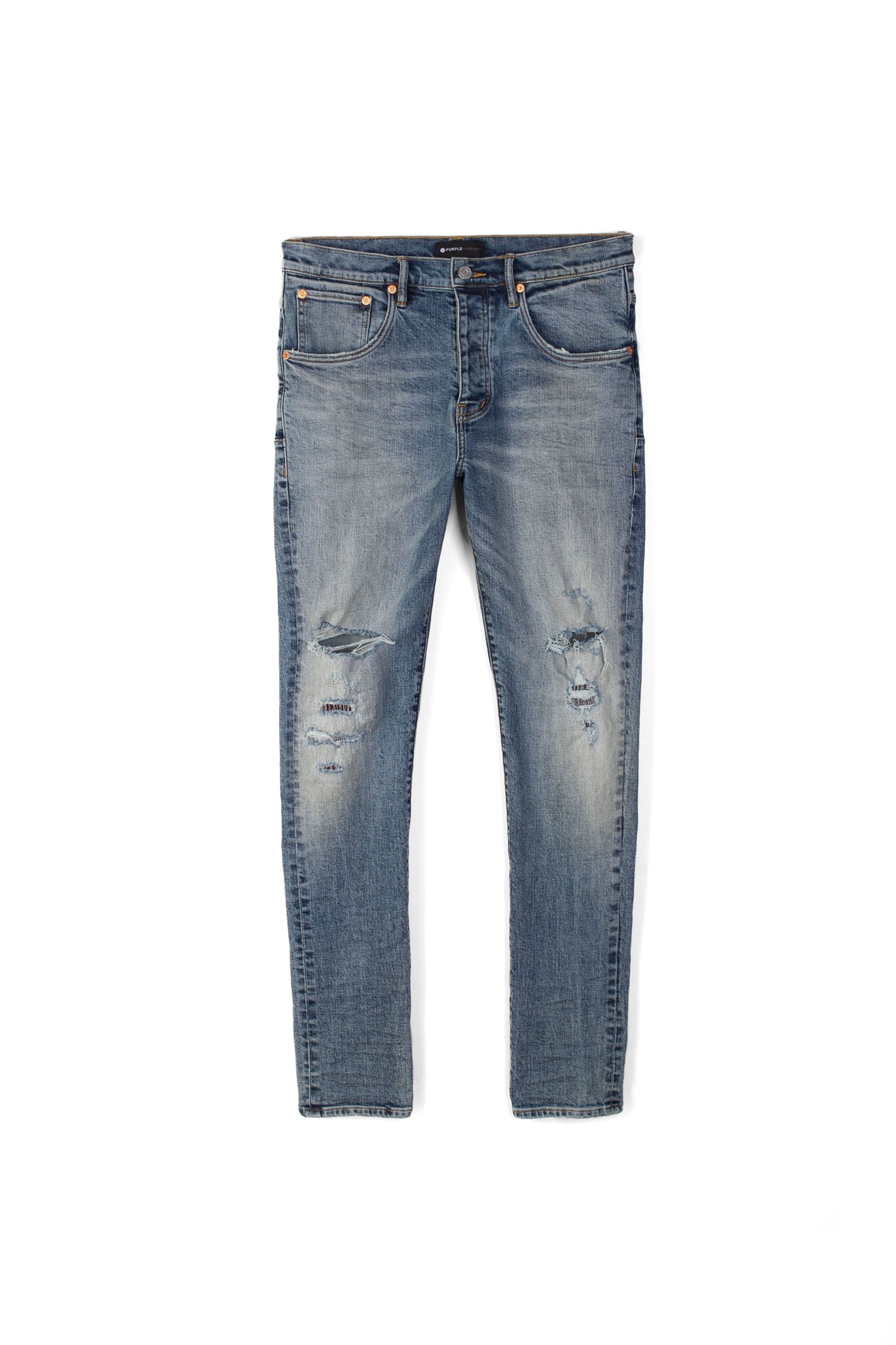 PURPLE BRAND - Men's Denim Jean - Mid Rise Slim - Style No. P002 - Indigo Flannel Repair - Front