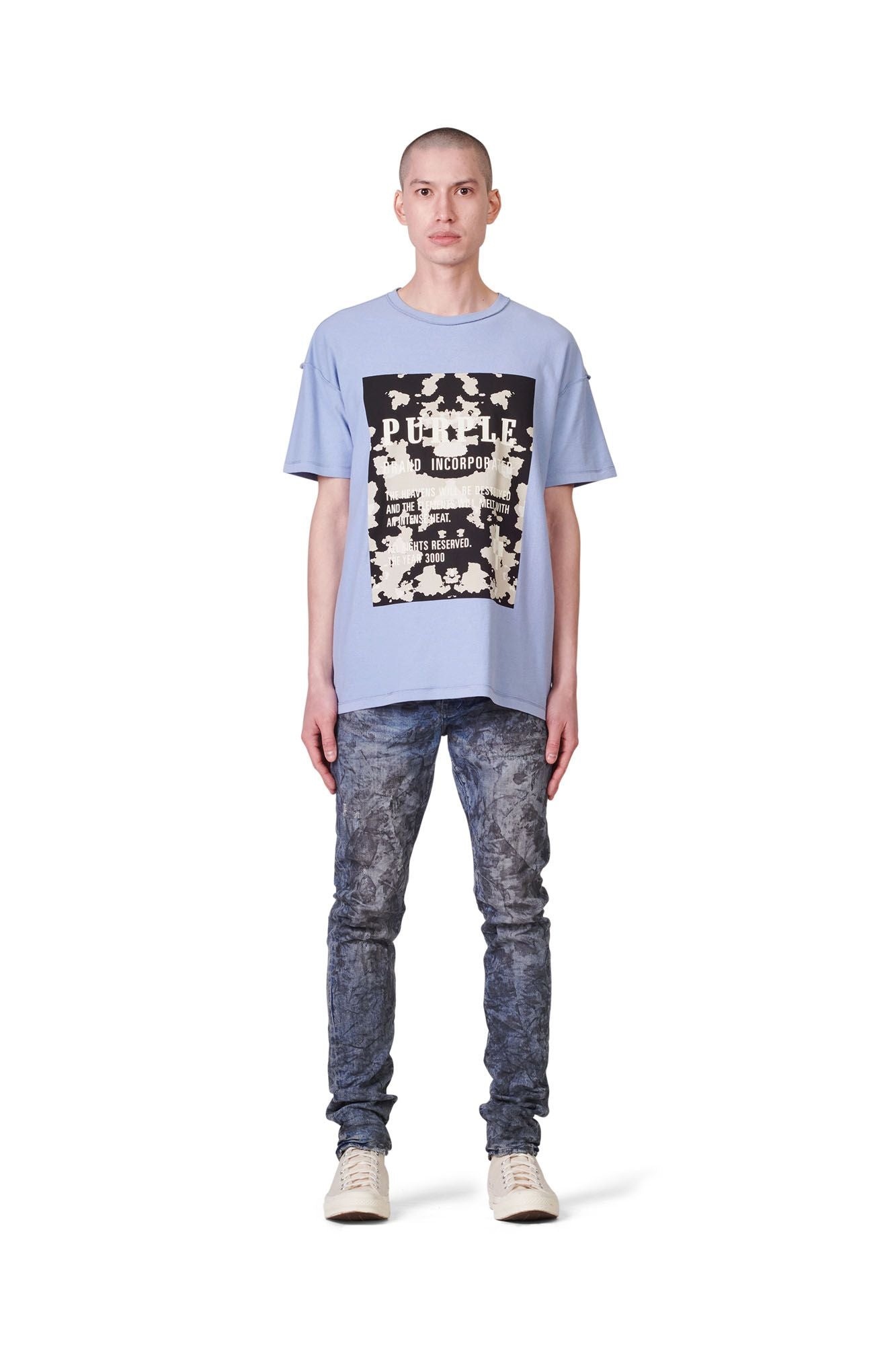 PURPLE BRAND - Men's Denim Jean - Low Rise Skinny - Style No. P001 - Indigo Mechanic Dirty - Model Front Pose