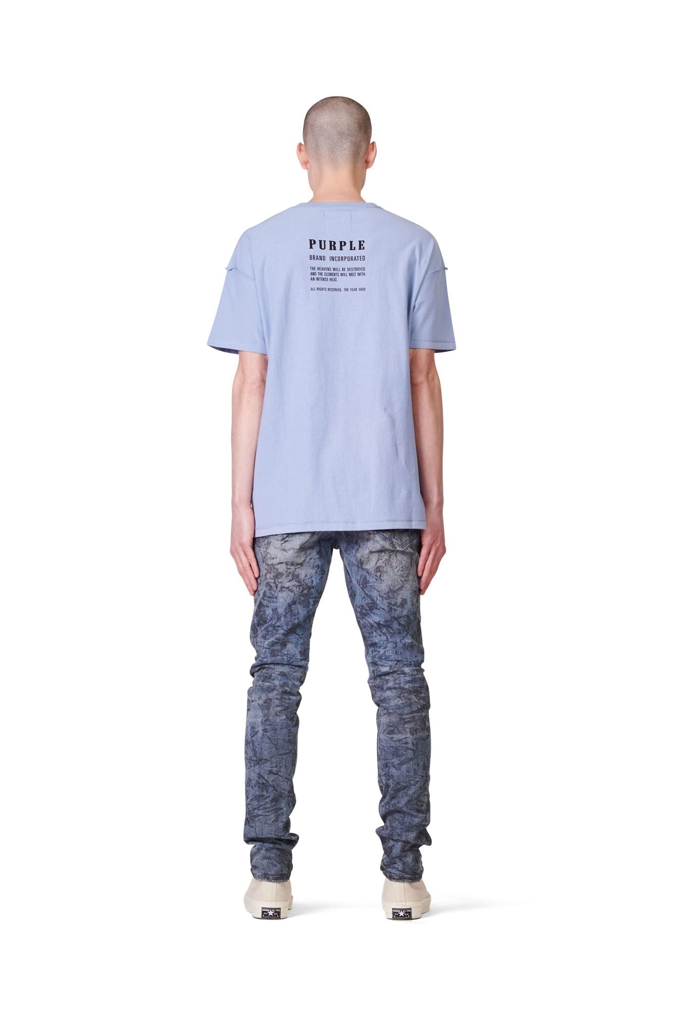 PURPLE BRAND - Men's Denim Jean - Low Rise Skinny - Style No. P001 - Indigo Mechanic Dirty - Model Back Pose