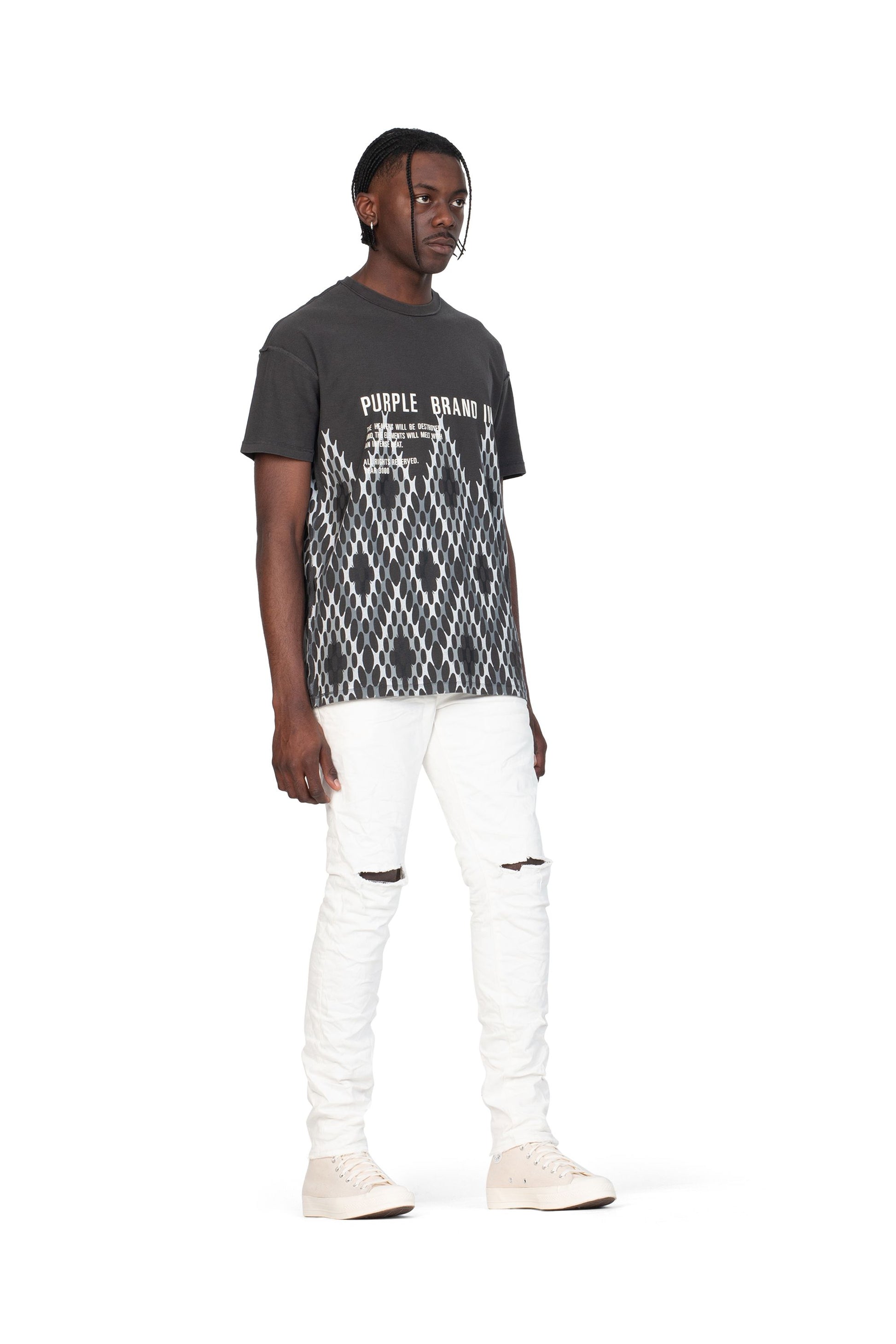 PURPLE BRAND - Men's Relaxed Fit T-Shirt - Style No. P101 - Patterns Wash Black - Model Side Pose