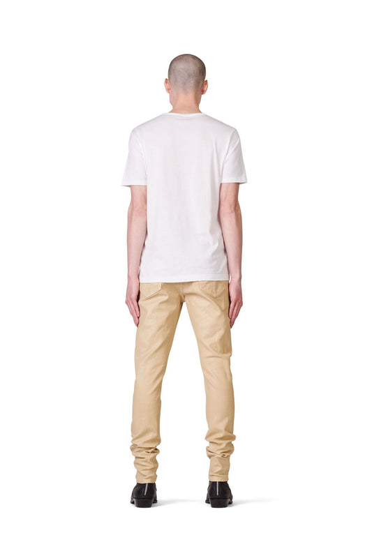 P001 low rise skinny jean in leathered ecru with reinforced belt loops and lined back pockets