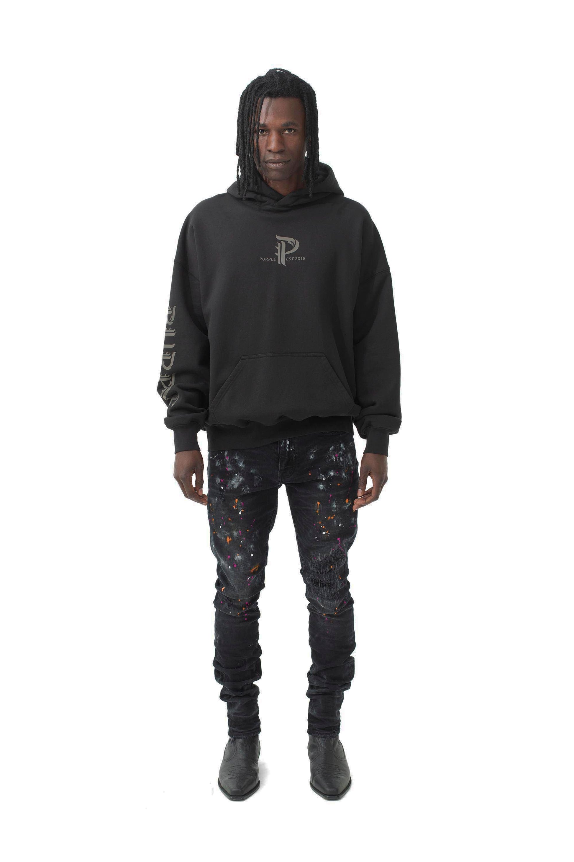 PURPLE BRAND - Relaxed Fit Oversized Hoodie Sweatshirt - Style No. P401 - Wings - Model Front Pose