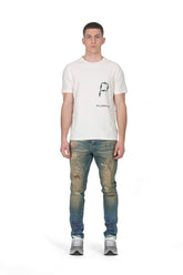 PURPLE BRAND - Men's Denim Jean - Mid Rise Slim - Style No. P002 - Mid Blue Patched - Model Front Pose