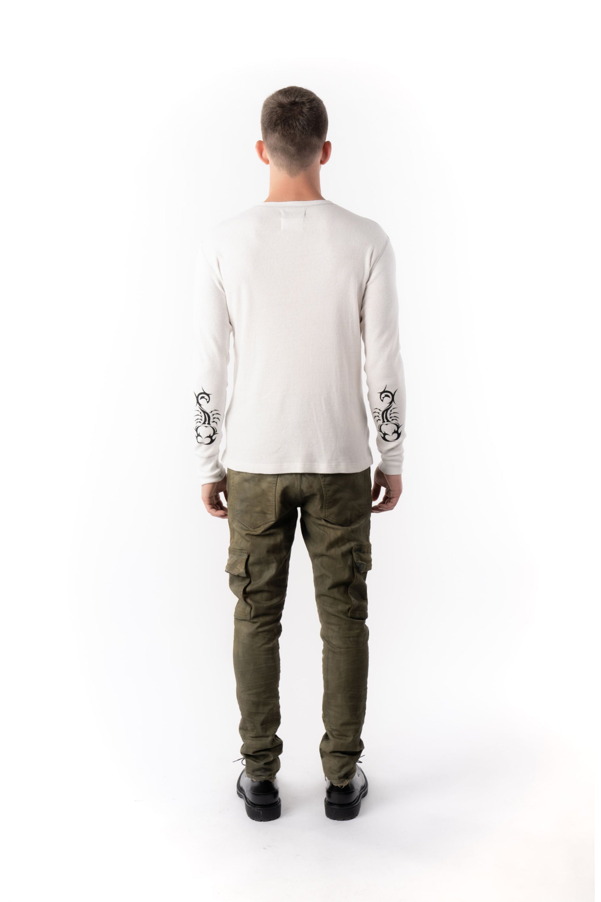 PURPLE BRAND - Long Sleeve Reflective Stitch Crew Shirt - Style No. P202 - Off White Scorpion - Model Back Pose